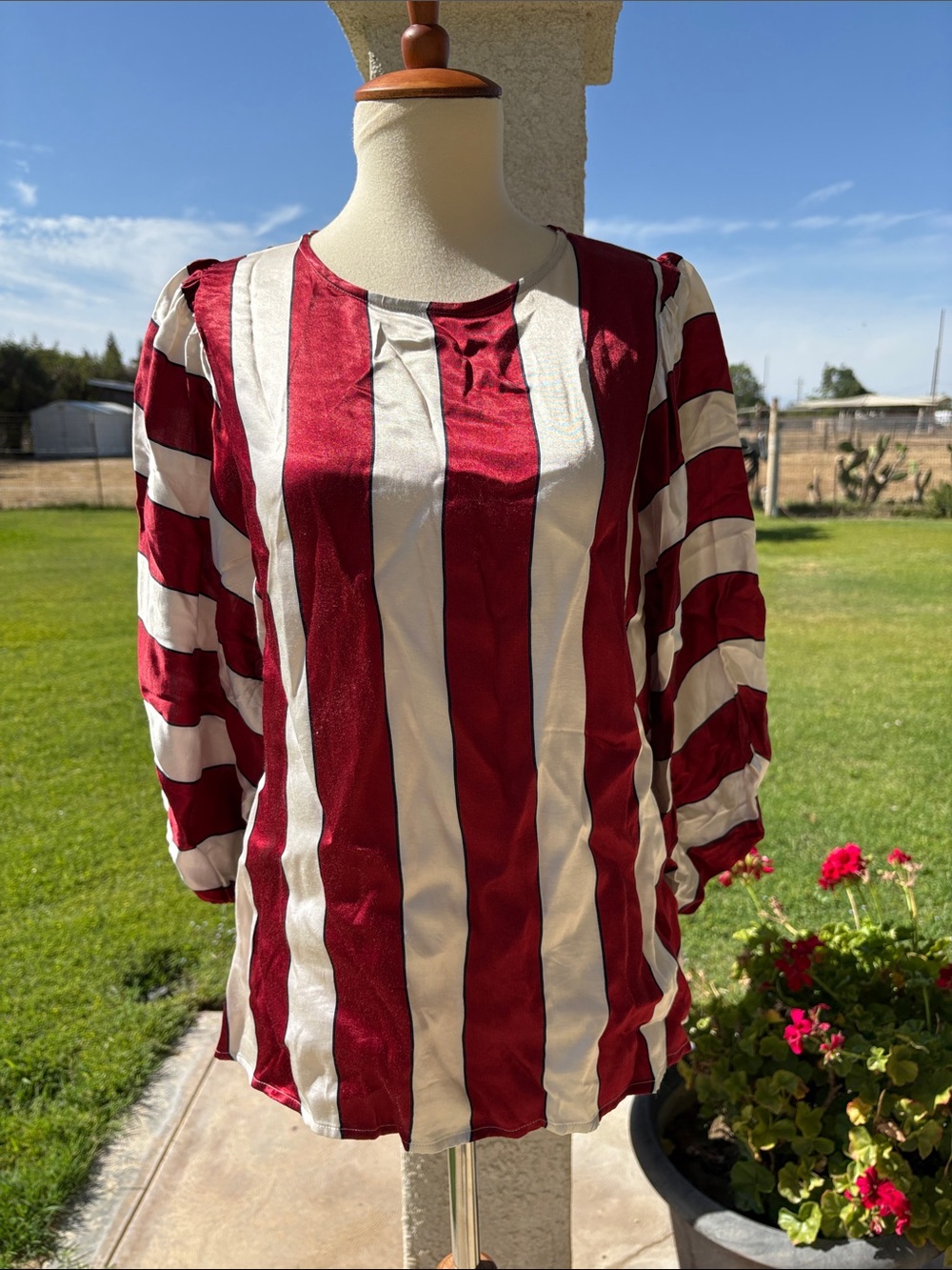 MAEVE Women’s Red and Cream Vertical Stripe Long-Sleeve Blouse